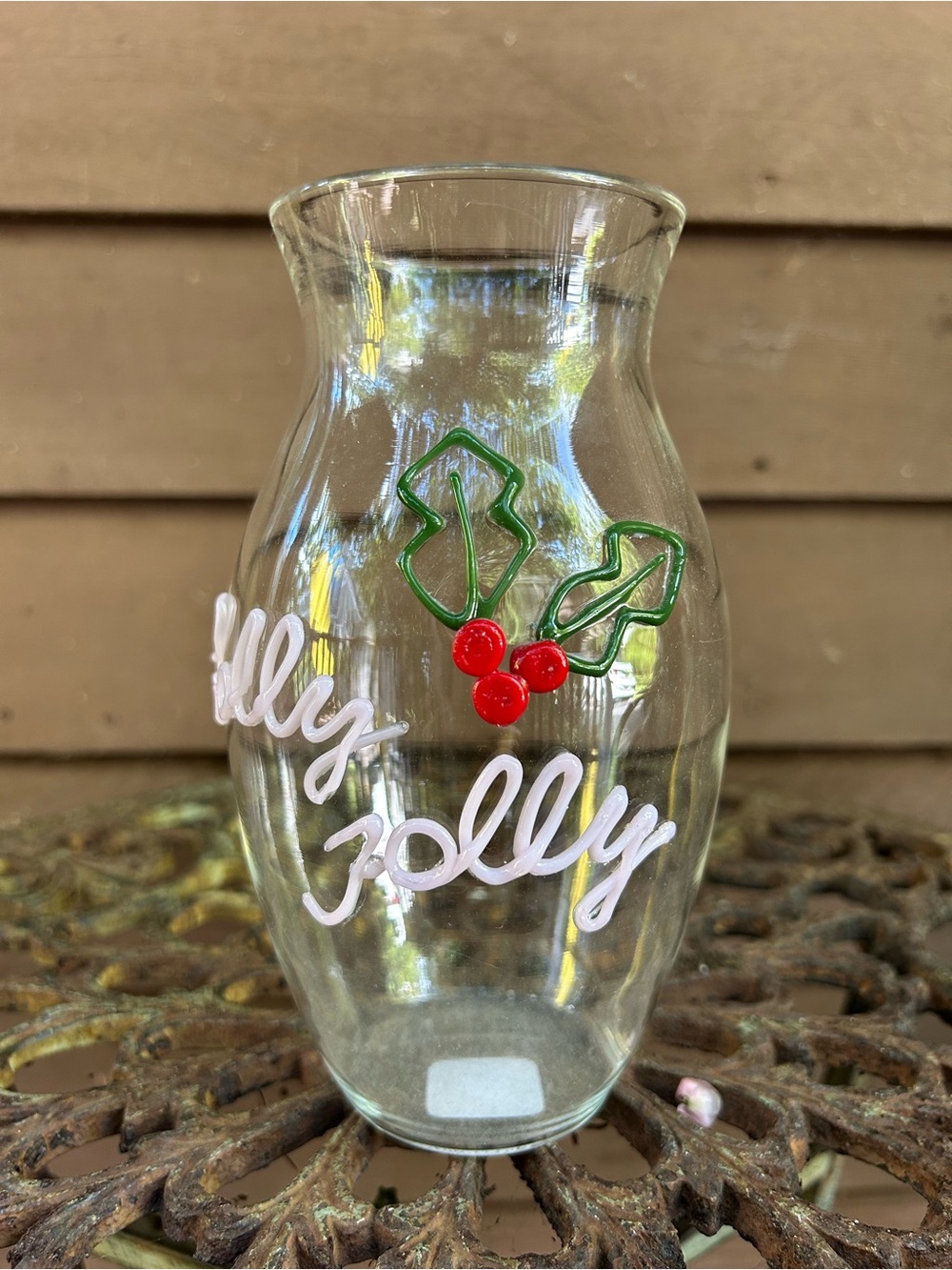 Anthropologie Clear Glass Vase with Red Berry and Green Leaf Accent